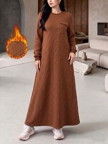 Graceveil Autumn/Winter Camel Quilted Diamond Pattern Jacquard Round Neck Faux Pocket Long Sleeve Loose Long Dress Formal Vacation Modest Casual - Brown - View 3