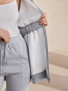 Graceveil Grey Argyle Jacquard Hooded Sweatshirt Dress, Two-Way Zipper Elastic Waist Mid-Length Casual Sweatshirt Jacket - Grey - View 9