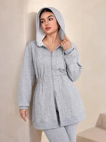 Graceveil Grey Argyle Jacquard Hooded Sweatshirt Dress, Two-Way Zipper Elastic Waist Mid-Length Casual Sweatshirt Jacket - Grey - View 6