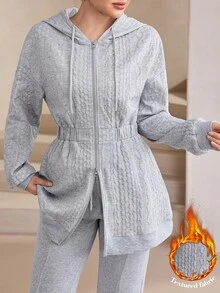 Graceveil Grey Argyle Jacquard Hooded Sweatshirt Dress, Two-Way Zipper Elastic Waist Mid-Length Casual Sweatshirt Jacket - Grey - View 1