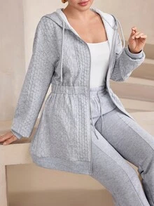 Graceveil Grey Argyle Jacquard Hooded Sweatshirt Dress, Two-Way Zipper Elastic Waist Mid-Length Casual Sweatshirt Jacket - Grey - View 8