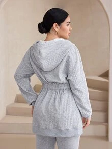 Graceveil Grey Argyle Jacquard Hooded Sweatshirt Dress, Two-Way Zipper Elastic Waist Mid-Length Casual Sweatshirt Jacket - Grey - View 2