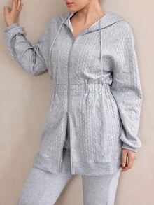 Graceveil Grey Argyle Jacquard Hooded Sweatshirt Dress, Two-Way Zipper Elastic Waist Mid-Length Casual Sweatshirt Jacket - Grey - View 4