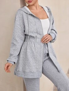 Graceveil Grey Argyle Jacquard Hooded Sweatshirt Dress, Two-Way Zipper Elastic Waist Mid-Length Casual Sweatshirt Jacket - Grey - View 7