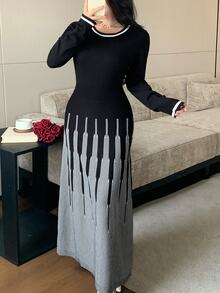 Modelyn فستان نسائي مخطط برقبة دائرية وأكمام طويلة أنيق من الصوف المحبوك - أبيض وأسود - مشاهدة 4
