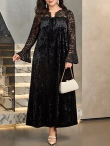 Al Najma Black Velvet Contrast Lace Fashion Elegant Elegant Loose Long Sleeve Dress Plus Size Arabic Style - Black - View 7