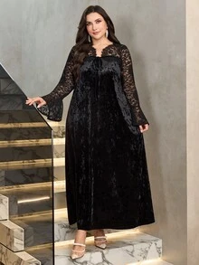 Al Najma Black Velvet Contrast Lace Fashion Elegant Elegant Loose Long Sleeve Dress Plus Size Arabic Style - Black - View 4
