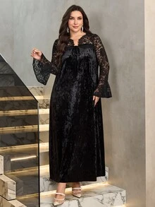 Al Najma Black Velvet Contrast Lace Fashion Elegant Elegant Loose Long Sleeve Dress Plus Size Arabic Style - Black - View 5