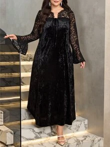 Al Najma Black Velvet Contrast Lace Fashion Elegant Elegant Loose Long Sleeve Dress Plus Size Arabic Style - Black - View 3