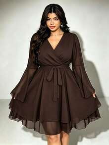 Viva Relle Plus Size Wine Red Chiffon Elegant And Gentle V-Neck Waist Cinched A-Line Short Dress, Suitable For All Seasons, Elegant Commuting And Dating - Coffee Brown - View 4