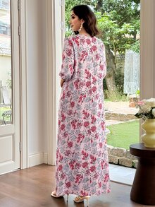 Mulvari Women's Printed Round Neck Lace Trim Patchwork Flare Dress - Pink - View 2