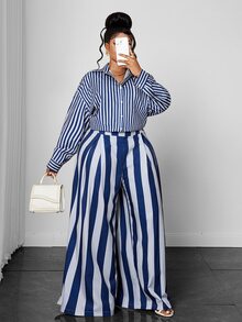 Maweii Plus Size Women Casual Oversize Striped Print Shirt & Loose Long Stripe Two Pieces Set Fall - Multicolor - View 6