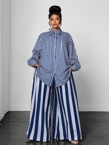 Maweii Plus Size Women Casual Oversize Striped Print Shirt & Loose Long Stripe Two Pieces Set Fall - Multicolor - View 1
