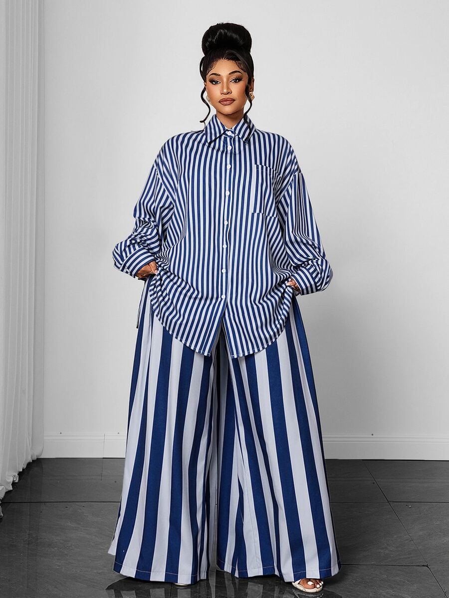 Maweii Plus Size Women Casual Oversize Striped Print Shirt & Loose Long Stripe Two Pieces Set Fall - Multicolor - View 1