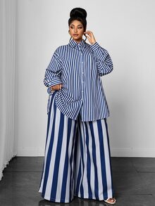 Maweii Plus Size Women Casual Oversize Striped Print Shirt & Loose Long Stripe Two Pieces Set Fall - Multicolor - View 5