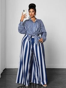 Maweii Plus Size Women Casual Oversize Striped Print Shirt & Loose Long Stripe Two Pieces Set Fall - Multicolor - View 2