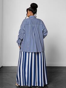 Maweii Plus Size Women Casual Oversize Striped Print Shirt & Loose Long Stripe Two Pieces Set Fall - Multicolor - View 4