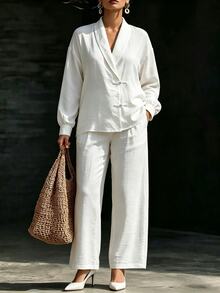Ceyna Plus Size Women's Casual V-Neck Long Sleeve Frog Button Cardigan Top + Long Pants Placket Button Shirt 2 Pieces Set Brunch Formal All White Fall - Beige - View 6