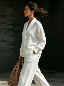 Ceyna Plus Size Women's Casual V-Neck Long Sleeve Frog Button Cardigan Top + Long Pants Placket Button Shirt 2 Pieces Set Brunch Formal All White Fall - Beige - View 3