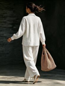 Ceyna Plus Size Women's Casual V-Neck Long Sleeve Frog Button Cardigan Top + Long Pants Placket Button Shirt 2 Pieces Set Brunch Formal All White Fall - Beige - View 2