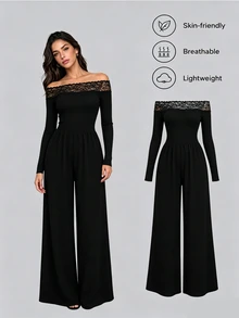 Sweetra Y2K Sexy Off-Shoulder Contrast Lace Trim Wide Leg Casual Versatile Commute Elegant Jumpsuit - Black - View 1