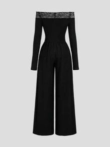 Sweetra Y2K Sexy Off-Shoulder Contrast Lace Trim Wide Leg Casual Versatile Commute Elegant Jumpsuit - Black - View 2