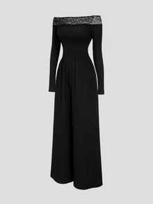 Sweetra Y2K Sexy Off-Shoulder Contrast Lace Trim Wide Leg Casual Versatile Commute Elegant Jumpsuit - Black - View 6
