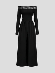 Sweetra Y2K Sexy Off-Shoulder Contrast Lace Trim Wide Leg Casual Versatile Commute Elegant Jumpsuit - Black - View 3