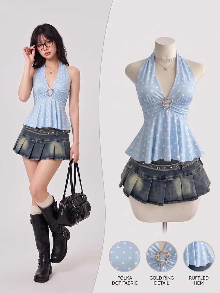 Mori Grove Mori Grove Women's Minimalist Polka Dot Metal Decor Halter Neck Tank Top, Summer - Baby Blue - View 3