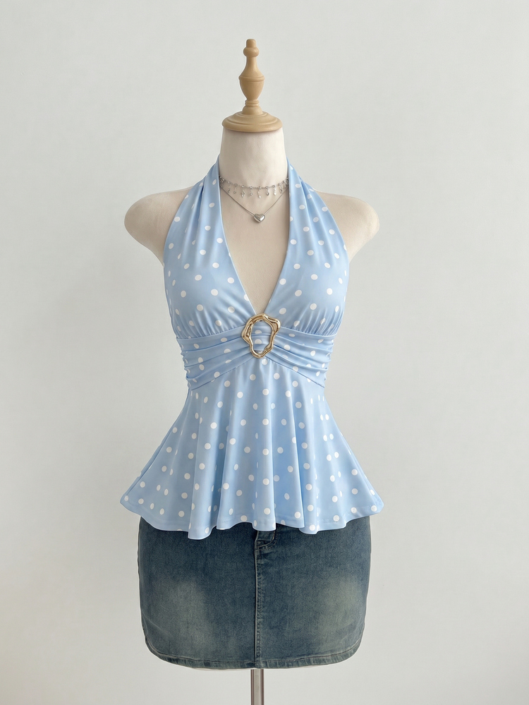 Mori Grove Mori Grove Women's Minimalist Polka Dot Metal Decor Halter Neck Tank Top, Summer - Baby Blue - View 4