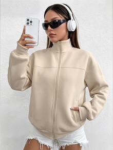 EgrlEra Women's Versatile Streetwear Long Sleeve Pocket Sweatshirt For Daily Wear - Khaki - View 2