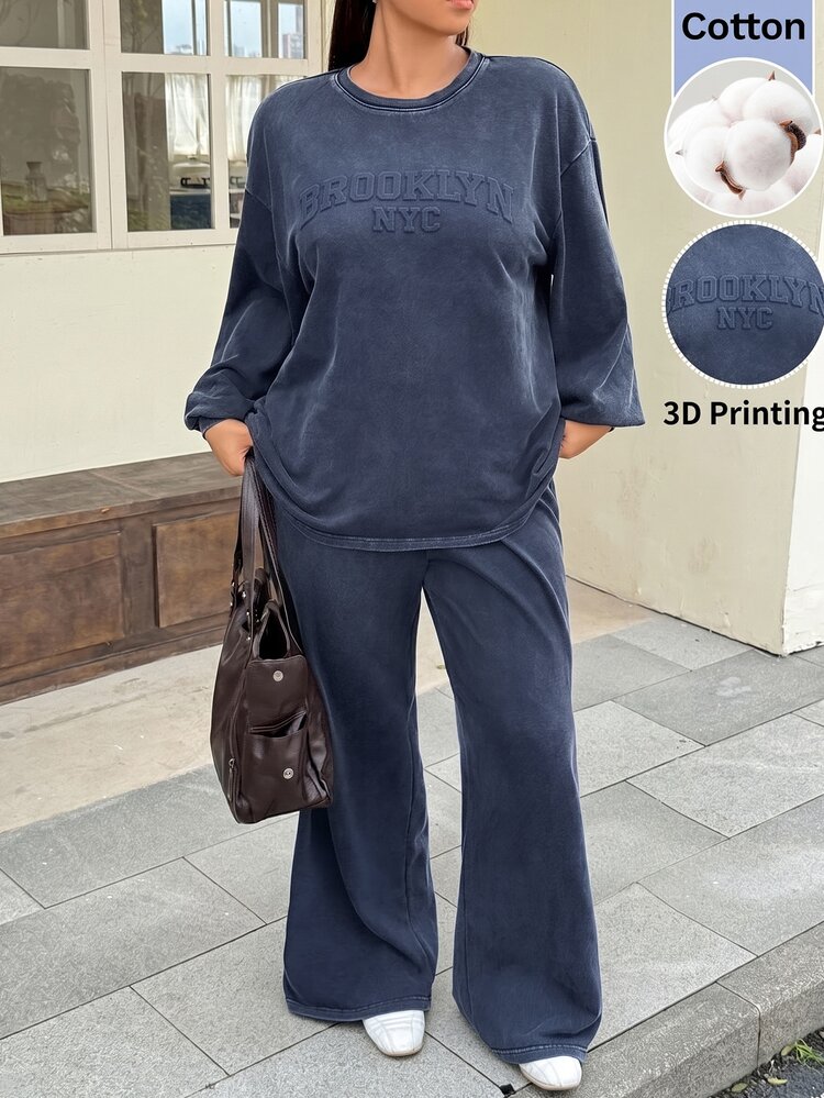 Muchica Plus Size Women's Round Neck Letter Print Long Sleeve Top And Casual Cargo Novelty Loose Pants 2 Pieces Set Fall Vacation - Navy Blue - View 4