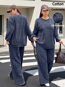 Muchica 大尺碼女款圓領字母印花長袖上衣與休閒工裝創意寬鬆長褲 2 件套 秋季度假 - 藏蓝色 - 查看 1