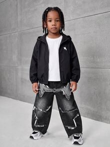 Boys' Black & Grey Washed High-Waist Elastic Curved Leg Horseshoe Jeans With Heavy Distressed Large Five-Point Star, Frayed Hem, Contrast Patchwork, Casual School Daily Wear - Black - View 5