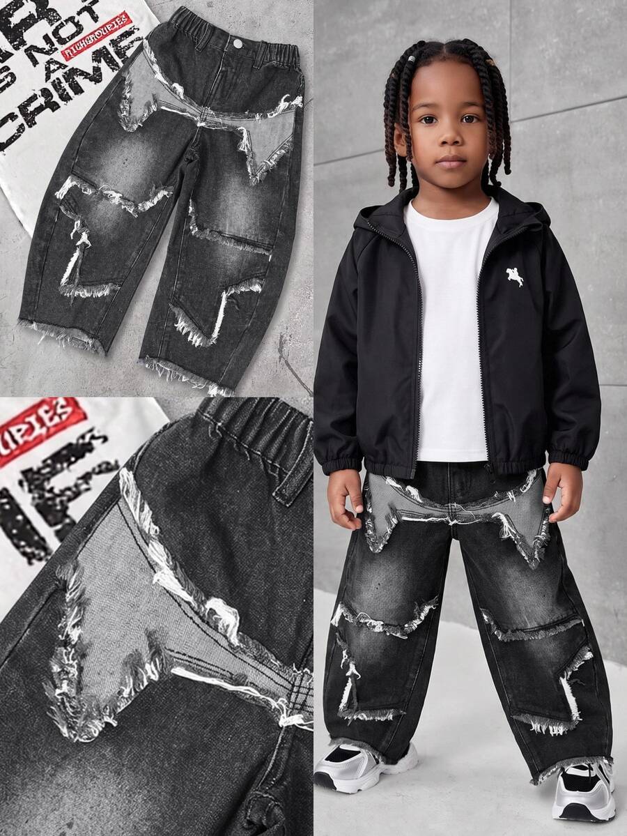 Boys' Black & Grey Washed High-Waist Elastic Curved Leg Horseshoe Jeans With Heavy Distressed Large Five-Point Star, Frayed Hem, Contrast Patchwork, Casual School Daily Wear - Black - View 1