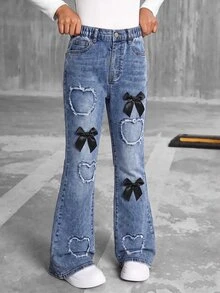 SHEIN Tween Girls Y2K Heart Pattern Distressed Blue Denim Black Bow Decor Stretch High Waist Flare Leg Jeans Autumn/Winter Streetwear - Medium Wash - View 6