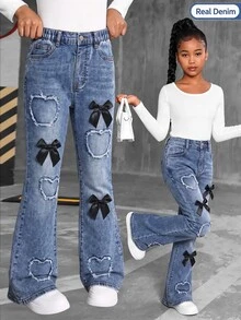 SHEIN Tween Girls Y2K Heart Pattern Distressed Blue Denim Black Bow Decor Stretch High Waist Flare Leg Jeans Autumn/Winter Streetwear - Medium Wash - View 4