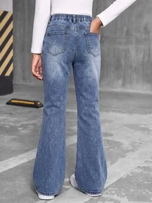 SHEIN Tween Girls Y2K Heart Pattern Distressed Blue Denim Black Bow Decor Stretch High Waist Flare Leg Jeans Autumn/Winter Streetwear - Medium Wash - View 2