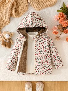 SHEIN Playful Pals Baby Girl Retro Floral Fleece Hooded Jacket Fall, Casual Daily Wear - Apricot - View 9