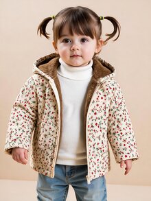 SHEIN Playful Pals Baby Girl Retro Floral Fleece Hooded Jacket Fall, Casual Daily Wear - Apricot - View 2