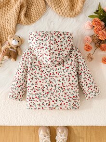 SHEIN Playful Pals Baby Girl Retro Floral Fleece Hooded Jacket Fall, Casual Daily Wear - Apricot - View 3