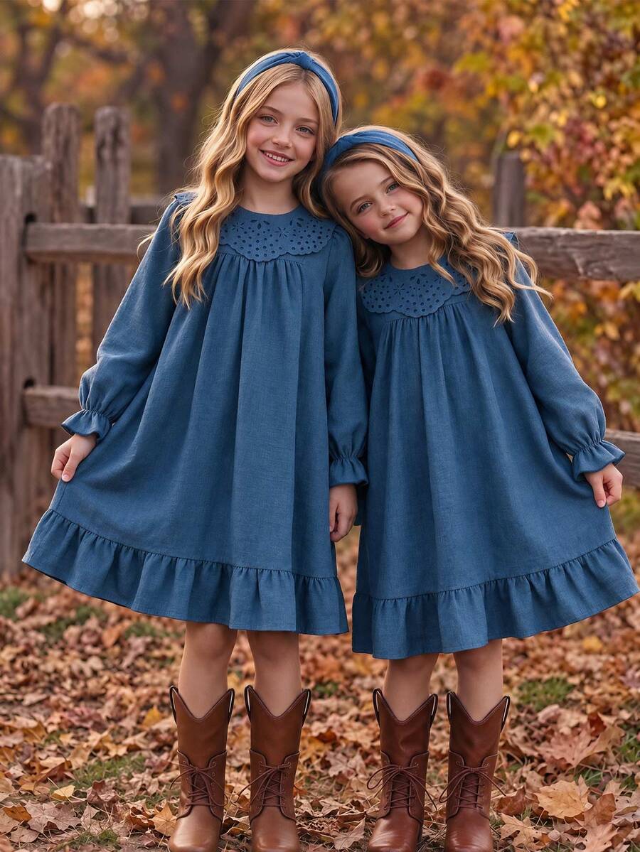 SHEIN 1pc Girls' Autumn New Fresh Style Loose Fit Long Sleeve Dress With Elastic Cuffs, Exquisite Collar Flower, Back Opening Design, Casual Versatile Dress For Back To School And Outings - Blue - View 1