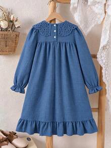 SHEIN 1pc Girls' Autumn New Fresh Style Loose Fit Long Sleeve Dress With Elastic Cuffs, Exquisite Collar Flower, Back Opening Design, Casual Versatile Dress For Back To School And Outings - Blue - View 3