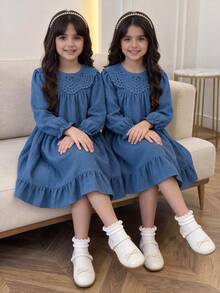 SHEIN 1pc Girls' Autumn New Fresh Style Loose Fit Long Sleeve Dress With Elastic Cuffs, Exquisite Collar Flower, Back Opening Design, Casual Versatile Dress For Back To School And Outings - Blue - View 2
