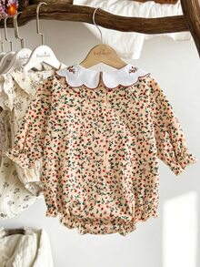 SHEIN 女嬰爬行連身衣 米色甜美可愛 花卉刺繡 荷葉邊波浪飾邊 長袖 彼得潘領 常規款 派對秋季公主風 周歲生日 鈕扣開襟 - 黃色 - 查看 3
