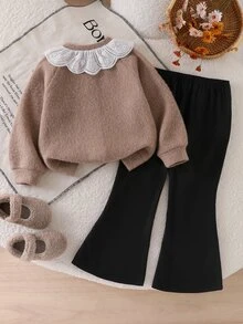 SHEIN 2件組幼女春秋長袖針織開襟外套 + 喇叭褲，精緻刺繡荷葉邊彼得潘領，前扣式針織外套，柔軟舒適，適合小女孩日常休閒穿著 - 杏色 - 查看 2