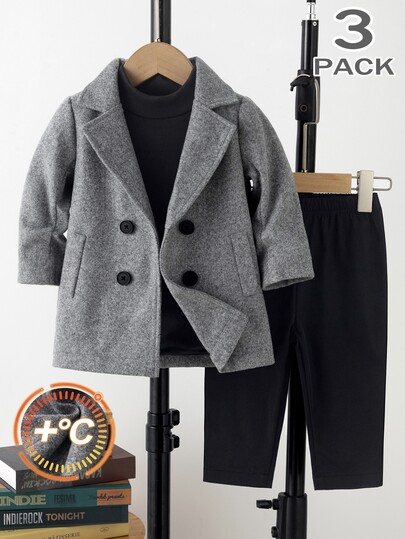 SHEIN Conjunto de 3 piezas para bebé niño con camiseta de manga larga de unicolor, pantalones largos y chaqueta de traje de moda con doble botonadura, manga larga y cuello de solapa