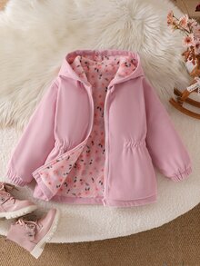 SHEIN Elladie kids 女童前拉鍊連帽燈芯絨外套，碎花抓絨內裡收腰長袖外套，甜美西式冬季兒童套裝 - 粉色 - 查看 6