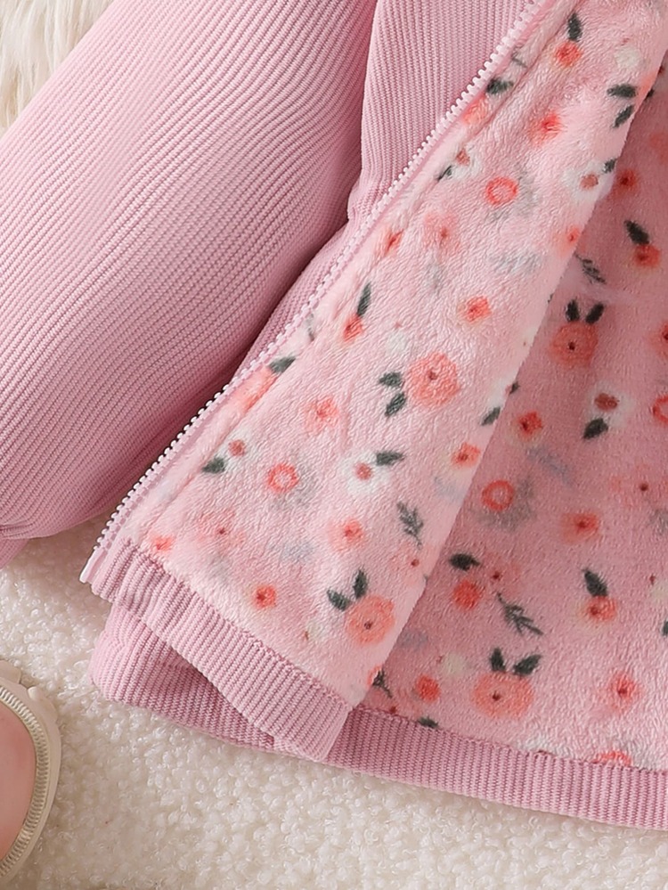SHEIN Elladie kids Girls' Front Zip Hooded Corduroy Jacket, Ditsy Floral Fleece Lined Outerwear, Waist-Cinching Long Sleeve Coat, Sweet Western Children's Outfit Winter - Pink - View 8
