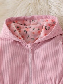SHEIN Elladie kids 女童前拉鍊連帽燈芯絨外套，碎花抓絨內裡收腰長袖外套，甜美西式冬季兒童套裝 - 粉色 - 查看 7